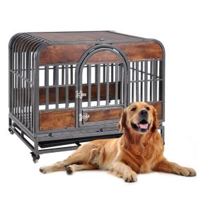 37in Heavy Duty Dog Crate, Furniture Style Dog Crate with Removable Trays and Wheels for High Anxiety Dogs