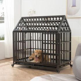 Heavy Duty Dog Cage pet Crate with Roof & window on roof (Color: Black)